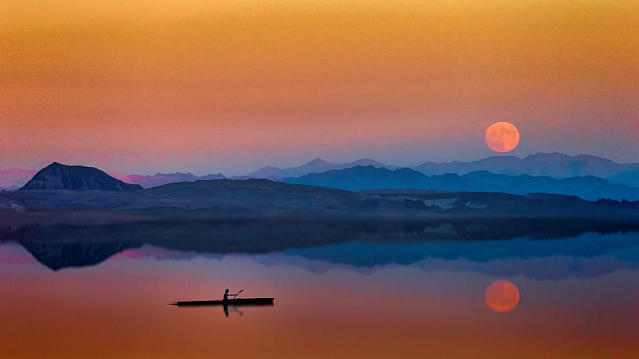 reflection, mirror, sky, calm, boat, mountains, moon, sunset HD wallpaper