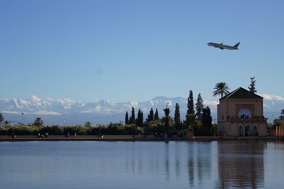 morocco, marrakesh, menara gardens, flight, marrakech, aircraft, HD wallpaper