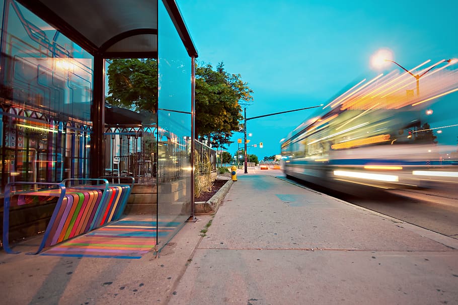 Timelapse Photo of Bus Stop, architecture, bench, blur, city HD wallpaper