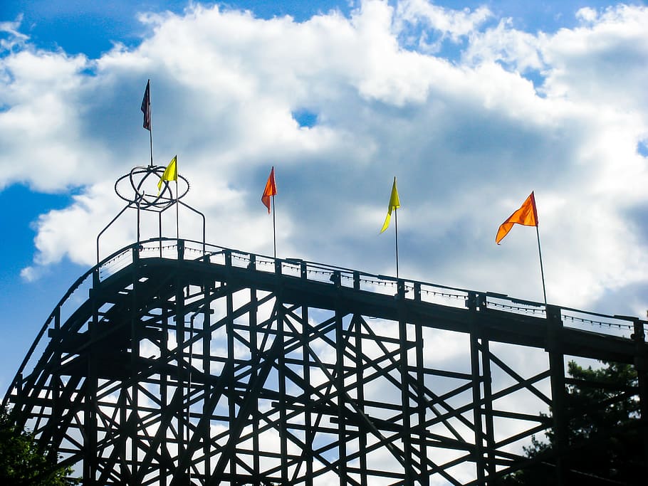 Rollercoaster Silhouette Under Blue Sky and Clouds, Amusement Park HD wallpaper