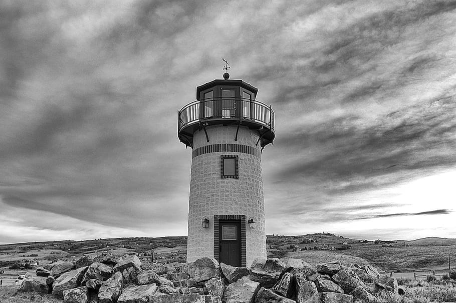 grey, sky, clouds, lighthouse, door, rocks, architecture, built structure HD wallpaper