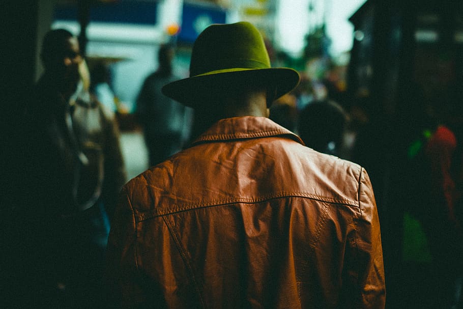 black and brown leather jacket, rear view, hat, clothing, men HD wallpaper
