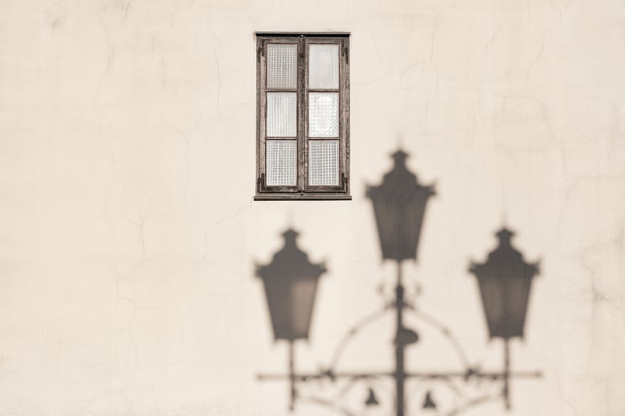 glass window on wall, lamp, lantern, old, shadow, silhouette HD wallpaper