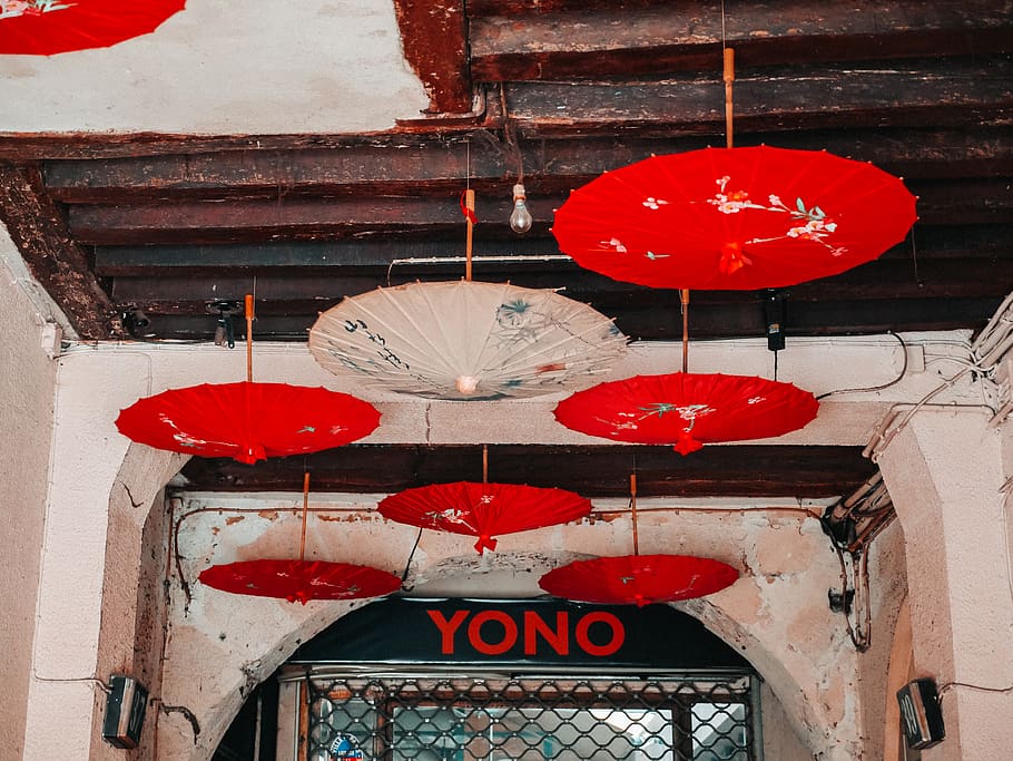 red and white opened umbrellas hanging on ceiling, handrail, banister HD wallpaper