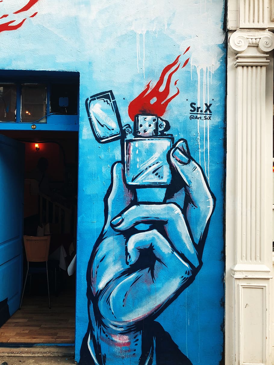 holding flip lighter graffiti, street art, chair, furniture, grunge wall, HD wallpaper