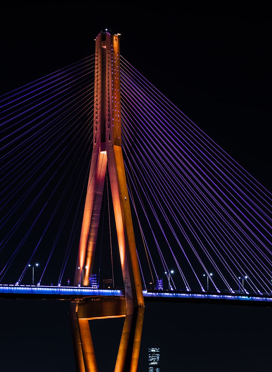 lighted cable-stayed bridge during night, building, south korea HD wallpaper