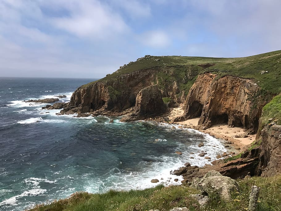cornwall, coast, sea, cliff, cafe, sky, beauty in nature, water HD wallpaper
