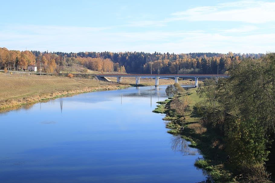 autumn, river, forest, bridge, sky, shadow, blue, moscow region, HD wallpaper