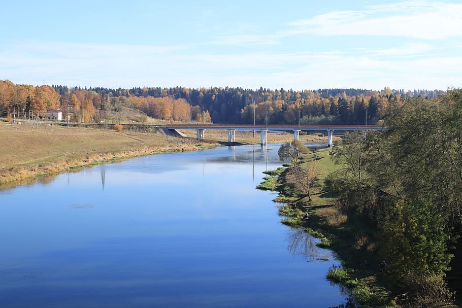 autumn, river, forest, bridge, sky, shadow, blue, moscow region HD wallpaper