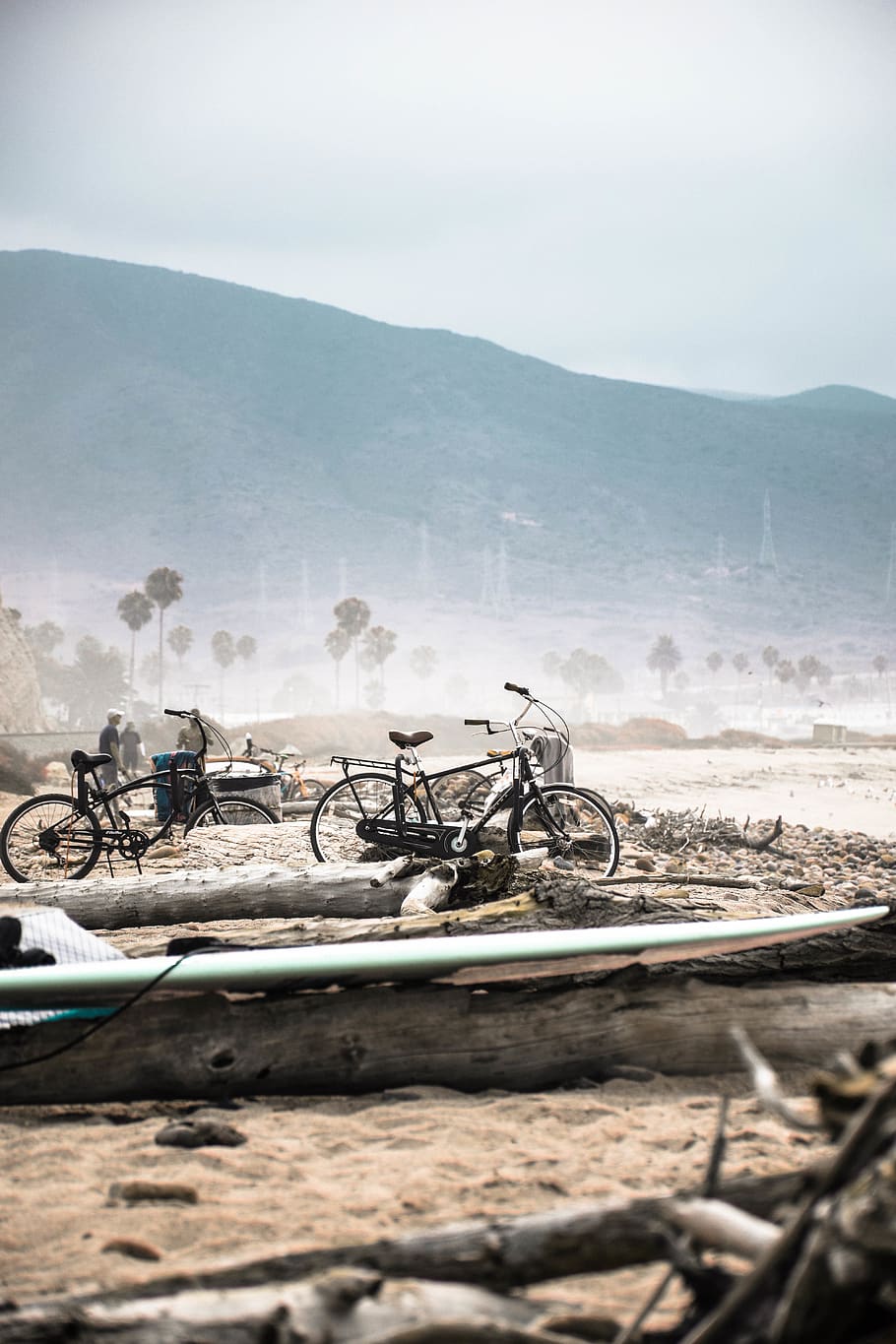 Two Bicycle Parked Beside Log Near Shore, bicycles, daylight HD wallpaper