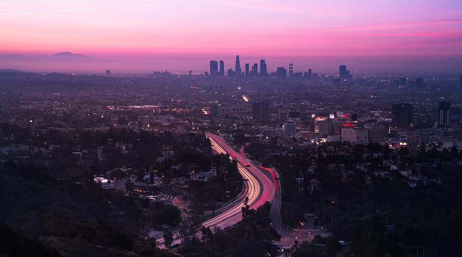 business, busy, hollywood, pink sky, red sky, highway, street, HD wallpaper