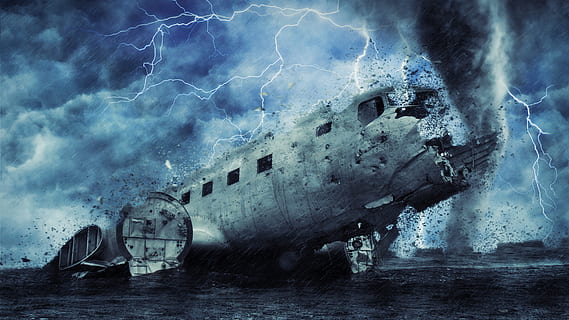 plane, wreckage, storm, tornado, lightening, bad weather, rain HD wallpaper