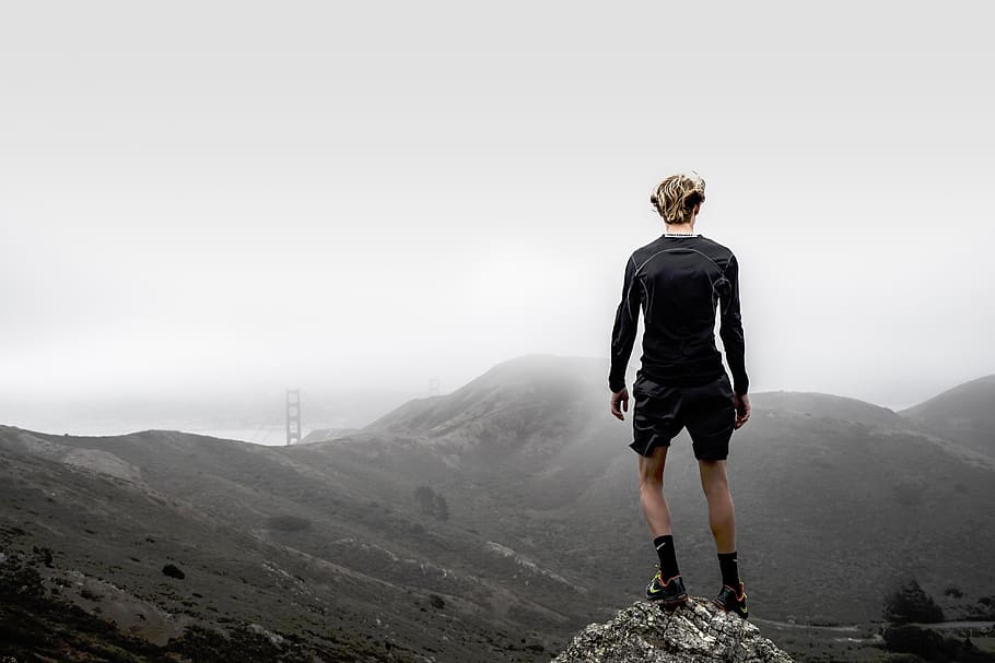nature, mountains, peak, gray, people, man, guy, traveler, hike HD wallpaper