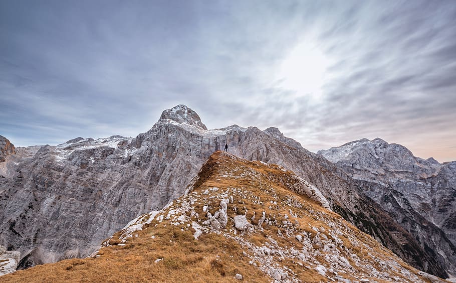 Mountain Ranges Under Cloudy Sky, alps, clouds, gloomy, high HD wallpaper