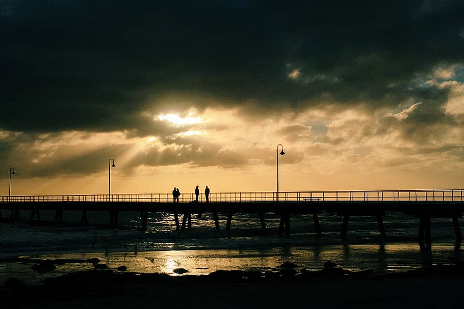 sunset, beach, clouds, sky, water, cloud - sky, silhouette HD wallpaper