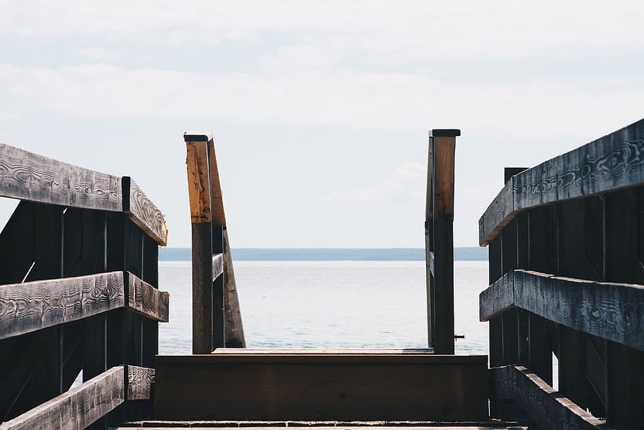 steps, lake, jetty, path to nowhere, water, sky, architecture HD wallpaper