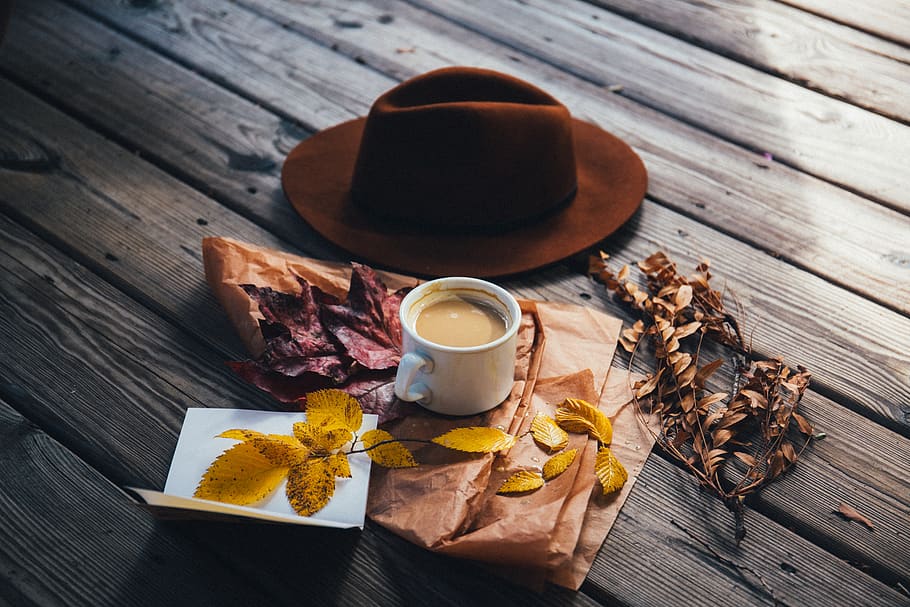 brown, cap, hat, coffee, cup, paper, leaves, fall, autumn, wood HD wallpaper
