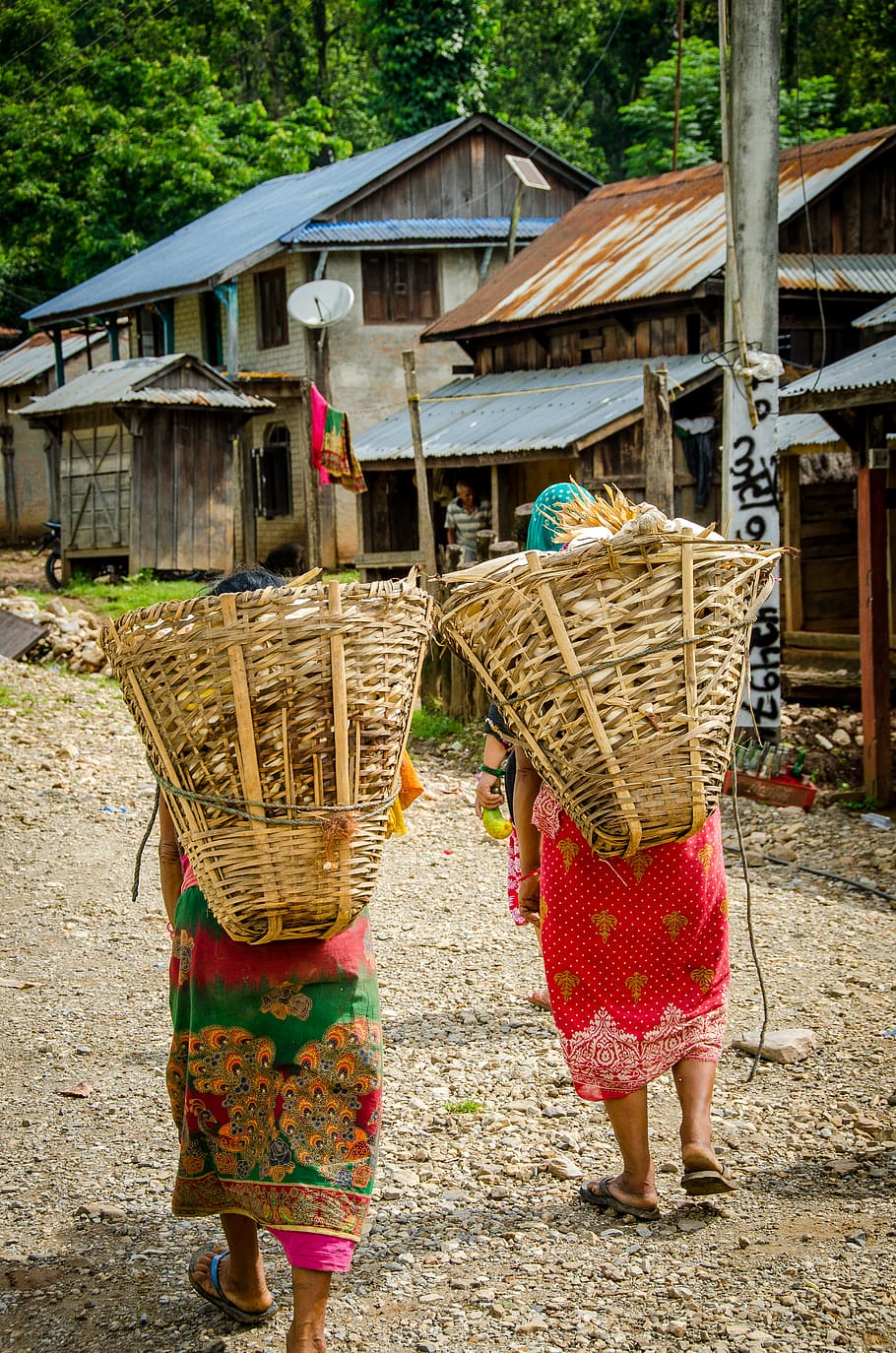 two people carrying baskets, human, person, nature, outdoors HD wallpaper