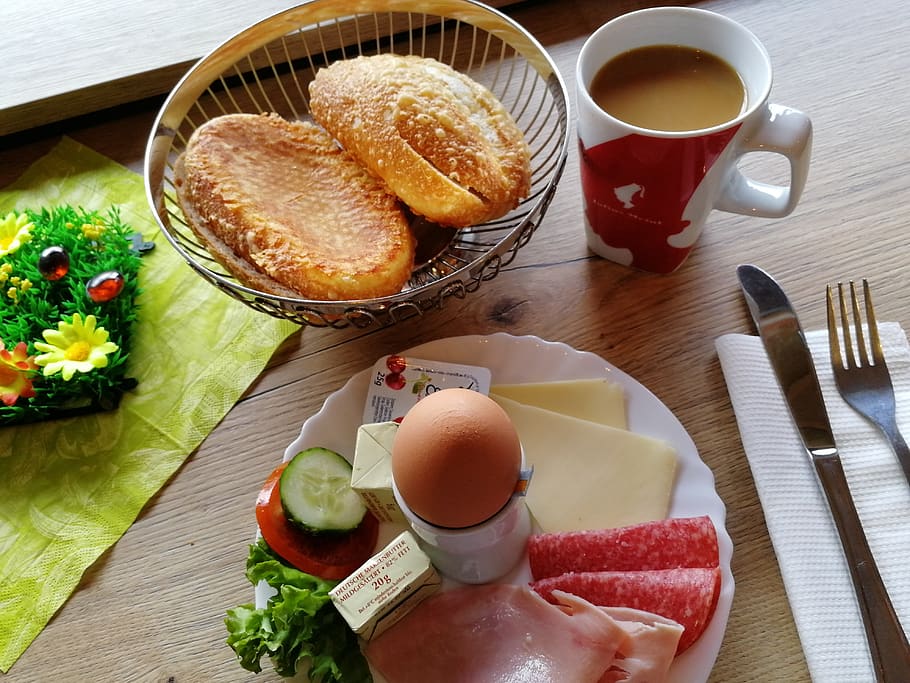 breakfast, coffee, roll, egg, breakfast table, food and drink HD wallpaper
