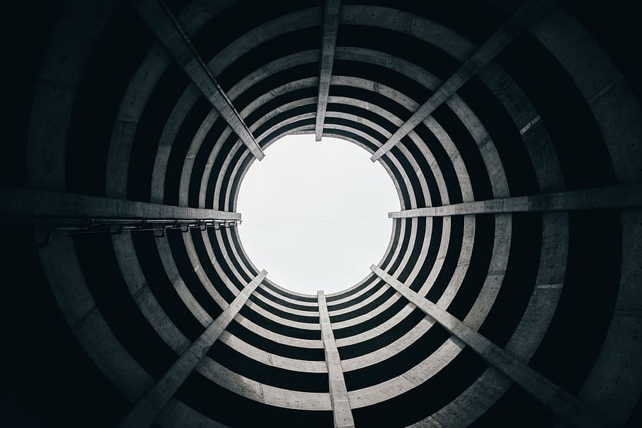 Looking Up In Circular Architecture Photo, City, Abstract, Creative