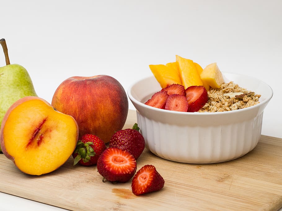 fruits, peach, pear, strawberry, strawberries, granola, yogurt HD wallpaper