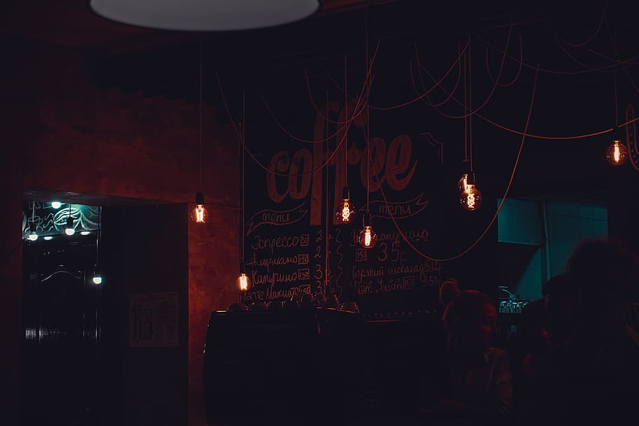 HD wallpaper: coffee shop lights on, colors, commerce, dark, design,  hanging | Wallpaper Flare