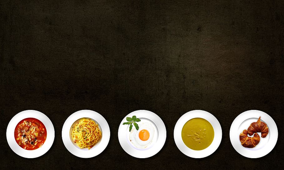 Five White Plates With Different Kinds of Dishes, dinner, egg HD wallpaper