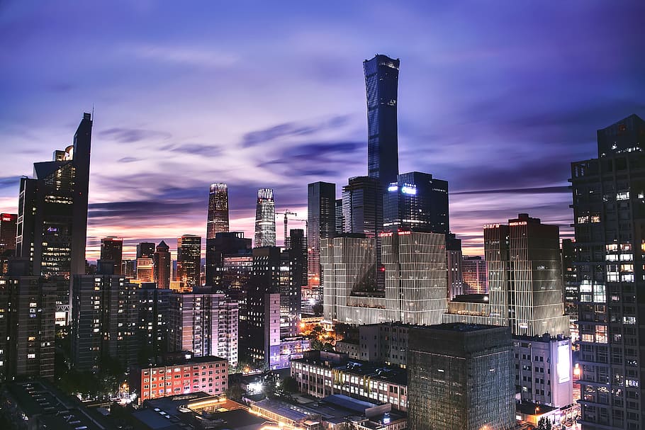 black high rise builcing, building, sky, night, evening, light HD wallpaper