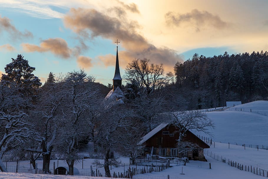 chapel, chappeli, wintry, grenchen, landscape, clouds, nature HD wallpaper