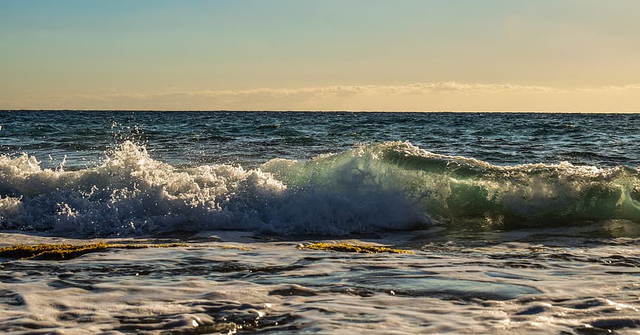wave, sunset, sea, evening, sky, clouds, nature, seascape, ocean HD wallpaper
