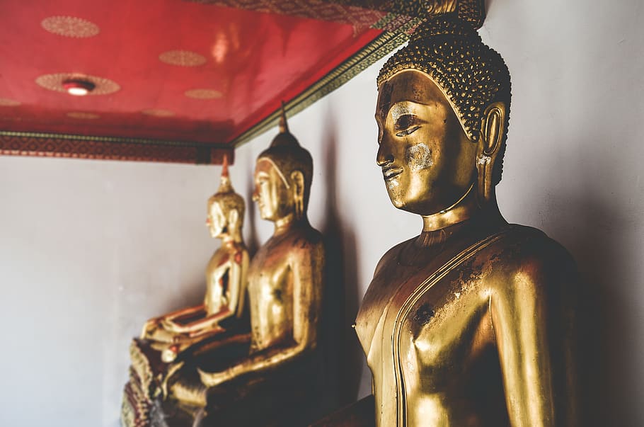 Three Golden Buddha Statue, art, Buddhas, culture, daytime, faces, HD wallpaper