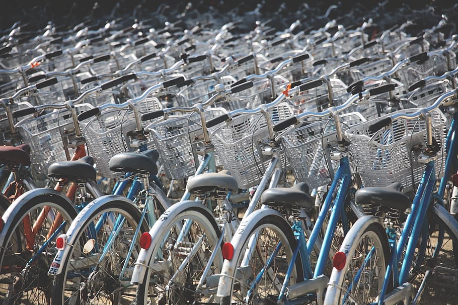 bicycles, bikes, row, cycling, baskets, retro, many, no people HD wallpaper