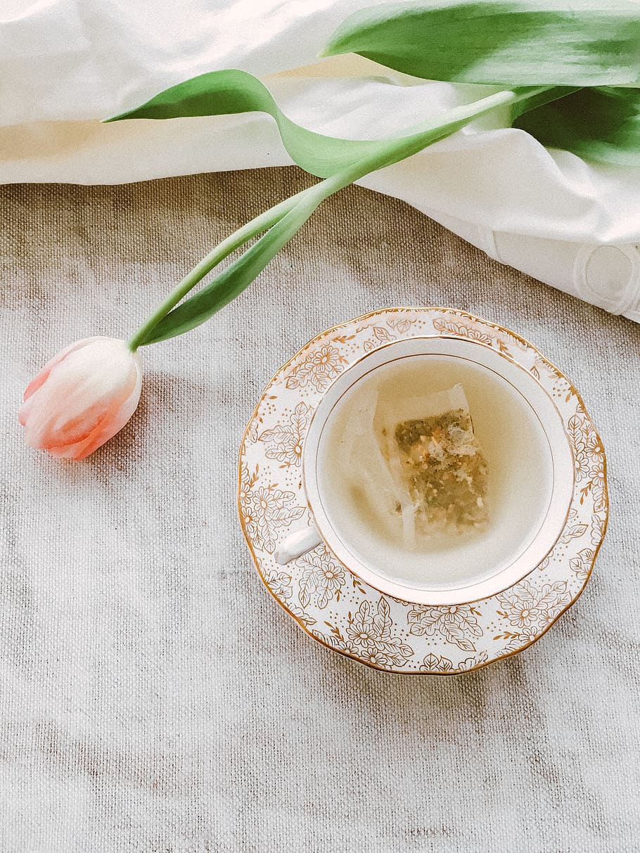Pink-petaled Flowers Near Teacup and Saucer, bright, close-up HD wallpaper