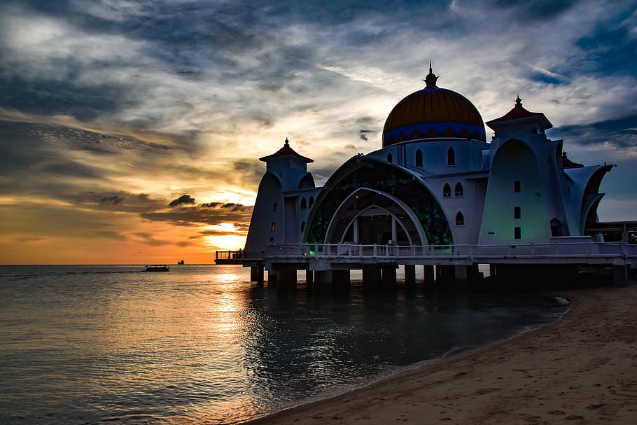 malaysia, malacca, sunset, mosque, sea, water, built structure HD wallpaper