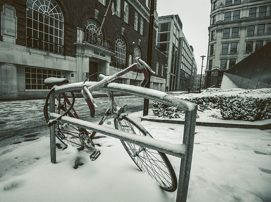 HD wallpaper: road bike parked on street with snow, handrail, banister ...