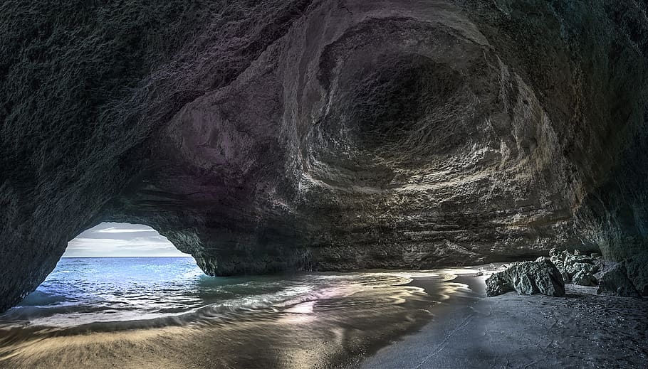 cave, landscape, color, table, art, sand, golden sand, sea HD wallpaper