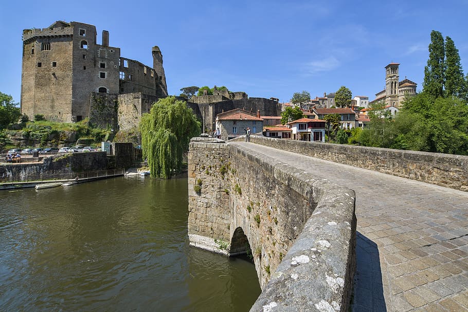bridge, castle, river, pierre, architecture, village, house HD wallpaper