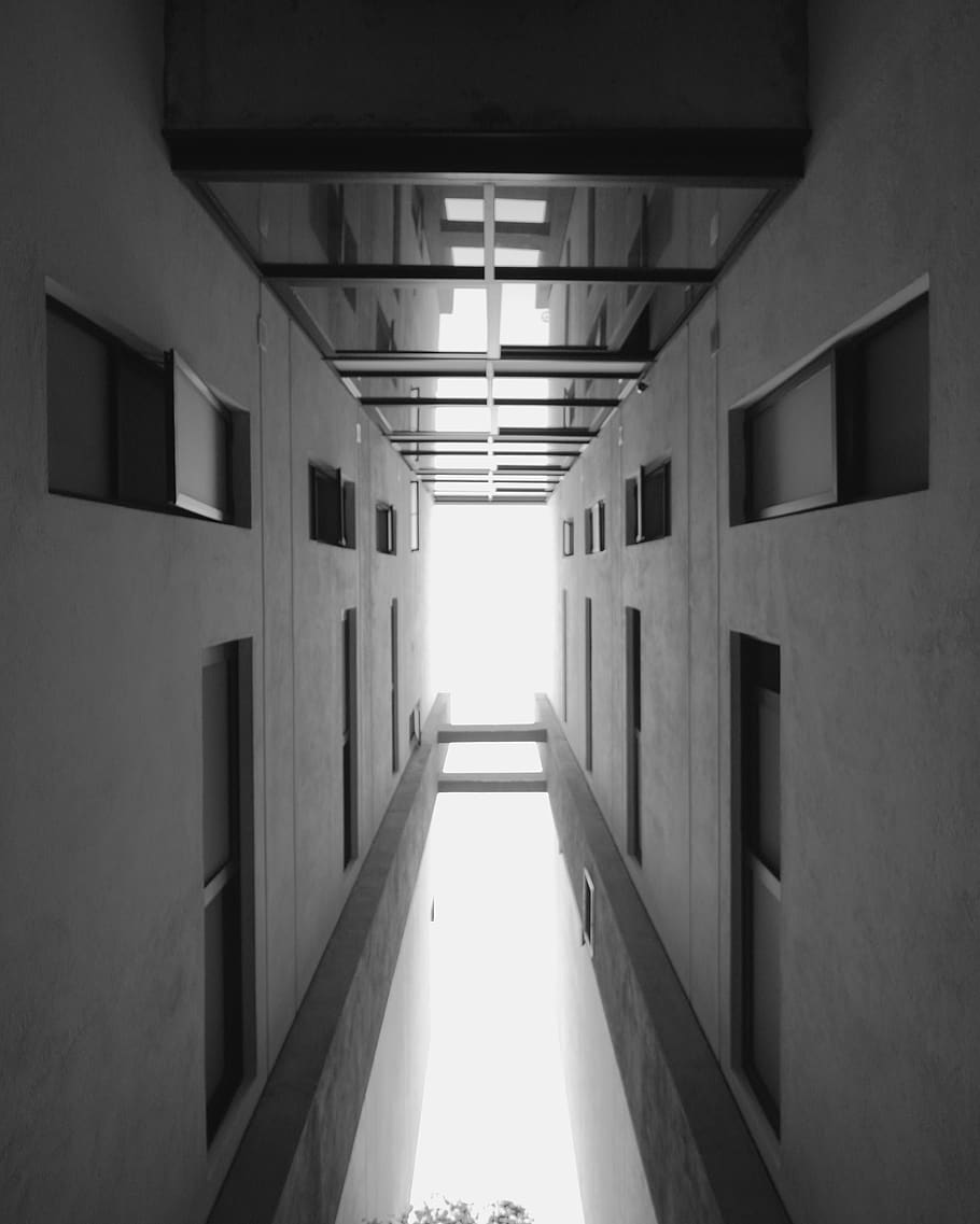 perspective, arch, architecture, building, black and white HD wallpaper
