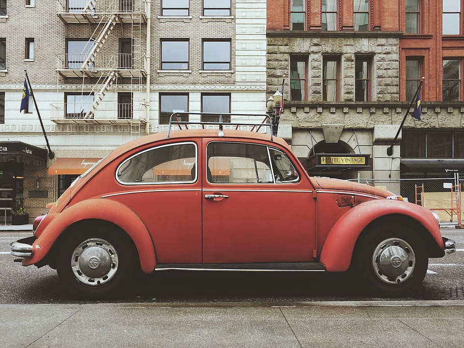 Red Volkswagen Beetle Car, auto, automobile, bumpers, chrome, HD wallpaper