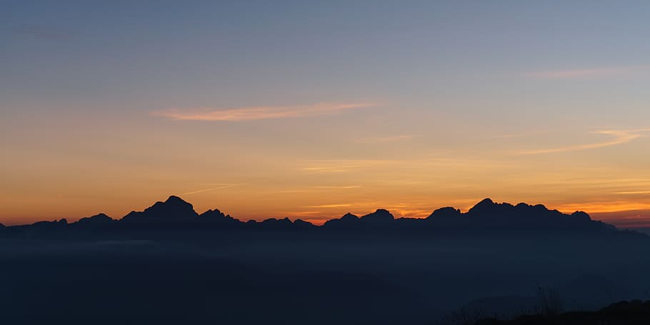 mountain, alp, red, orange, panorama, sunset, sky, silhouette HD wallpaper