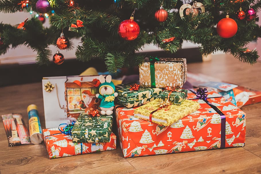 assorted-color gift box under Christmas tree, plant, ornament HD wallpaper