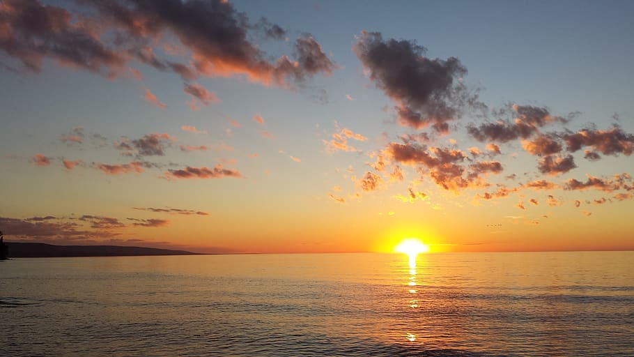 sunset, clouds, lake, lake superior, calm, flat water, horizon HD wallpaper
