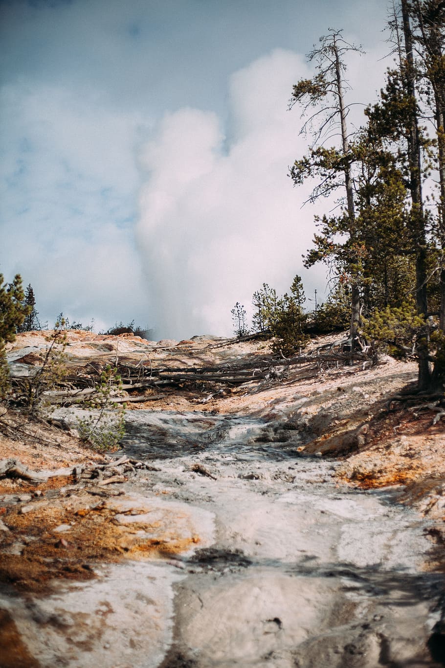 white clouds over steep rock slope, park, geyser, wilderness HD wallpaper