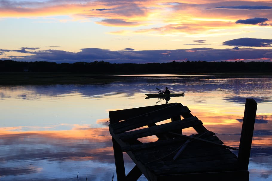 Person Riding Boat on Body of Water, canoe, clouds, dock, dusk HD wallpaper
