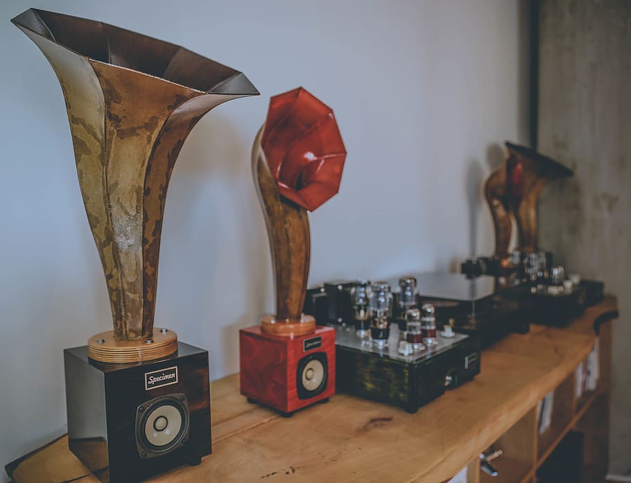 amp, speaker, vinyl, record, record player, indoors, still life HD wallpaper