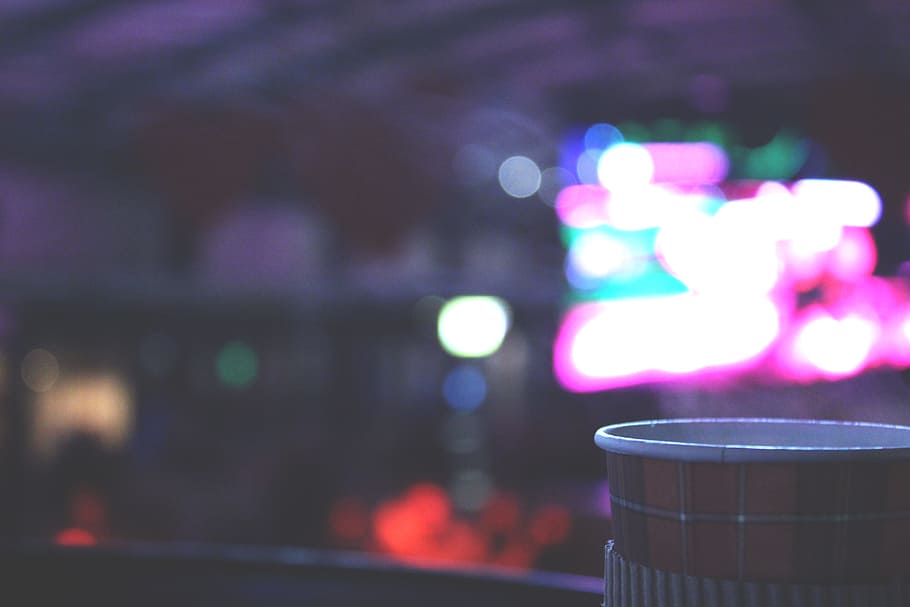 coffee, cup, steam, hot, blurry, lights, dark, night, evening HD wallpaper
