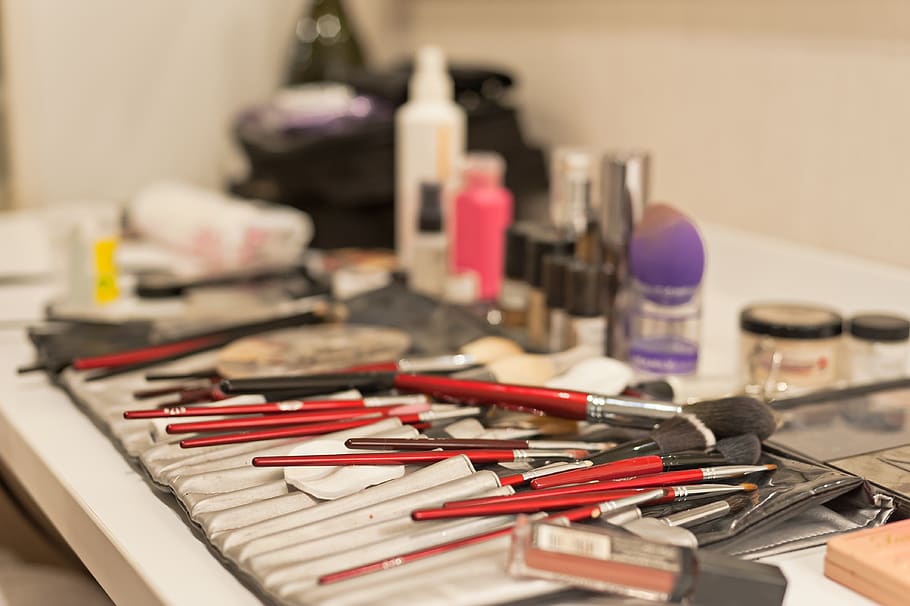 makeup, makeup brushes, makeup set, bottles, containers, indoors HD wallpaper