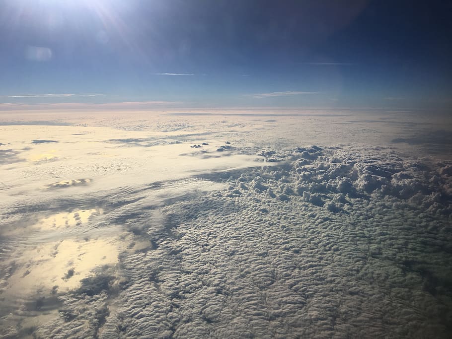 cloudscape, flight, above the clouds, white, blue, sky, aerial view HD wallpaper