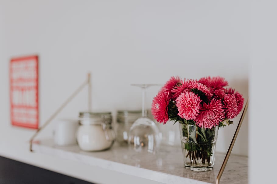 Beautiful fresh pink flowers on marble shelf, flora, computer HD wallpaper