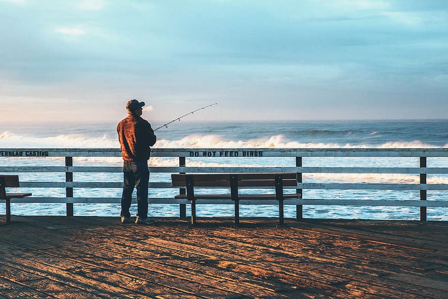 sea, ocean, water, wave, nature, people, man, fishing, bench HD wallpaper